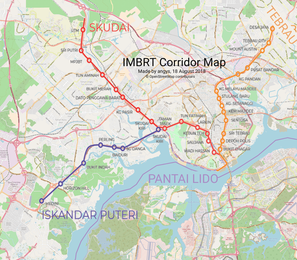 Iskandar Malaysia BRT route map — three-corridor predecessor to the current ART plan